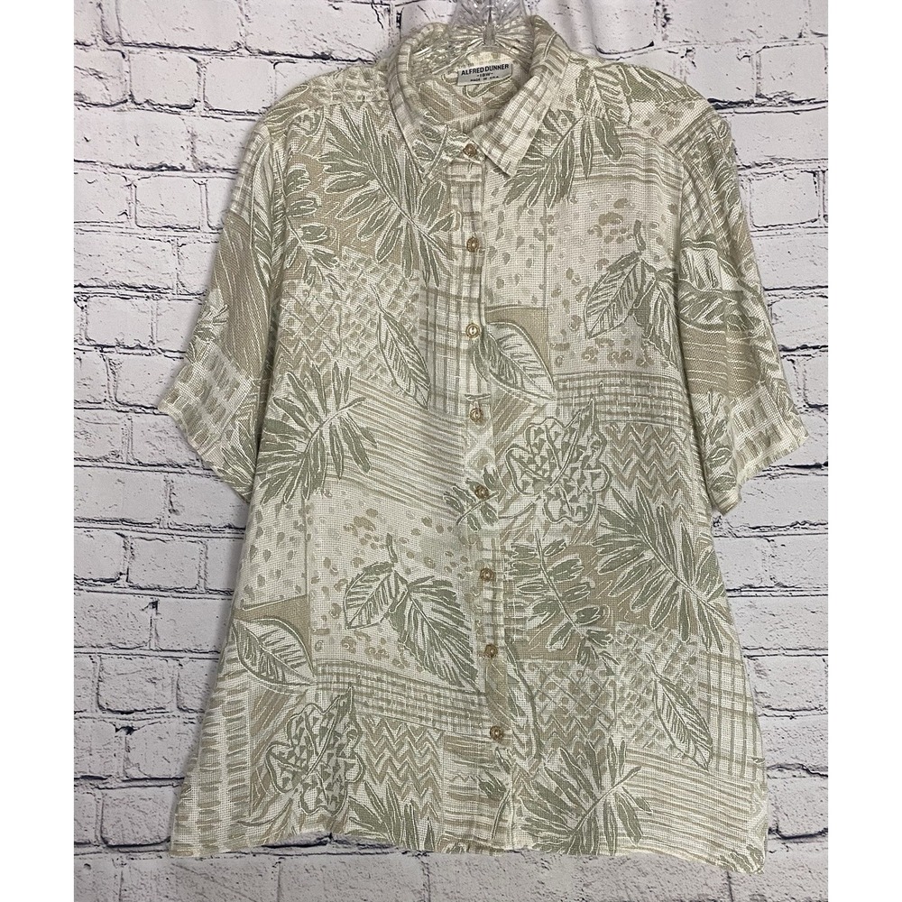 Vtg Alfred Dunner 18 Beige Green Short Sleeve Button Up Tropical Resort Wear‎